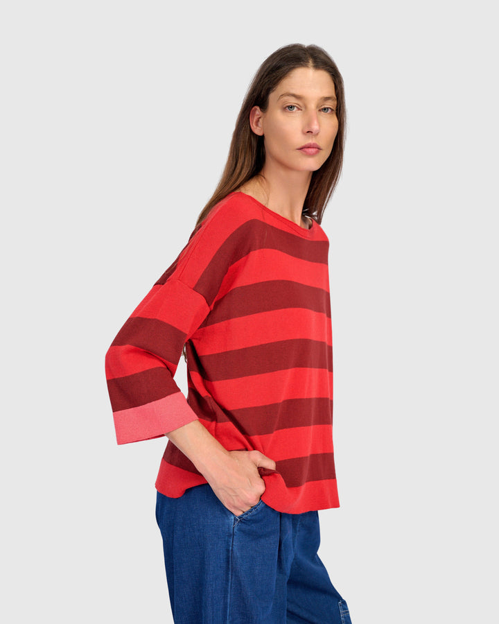 Tonal Stripe Boatneck Sweater Red