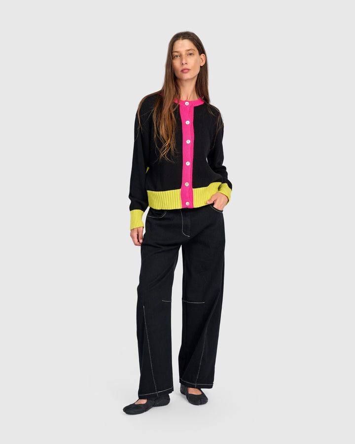 Contrast Trim Stripe Cardigan Black