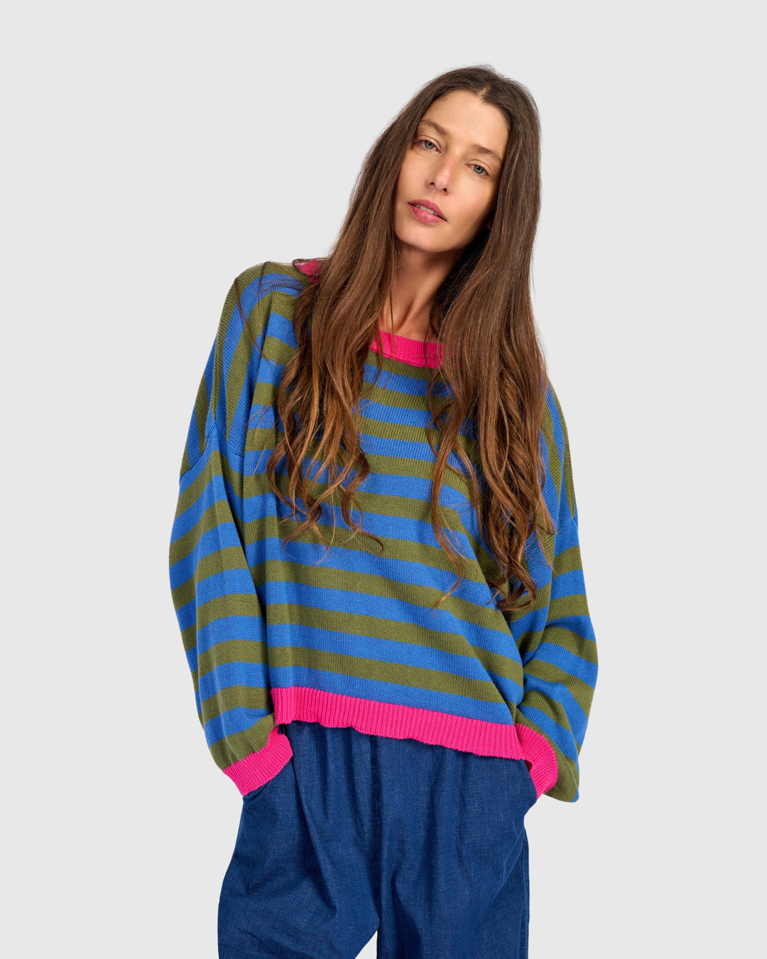Stripe Contrast Trim Sweater Indigo
