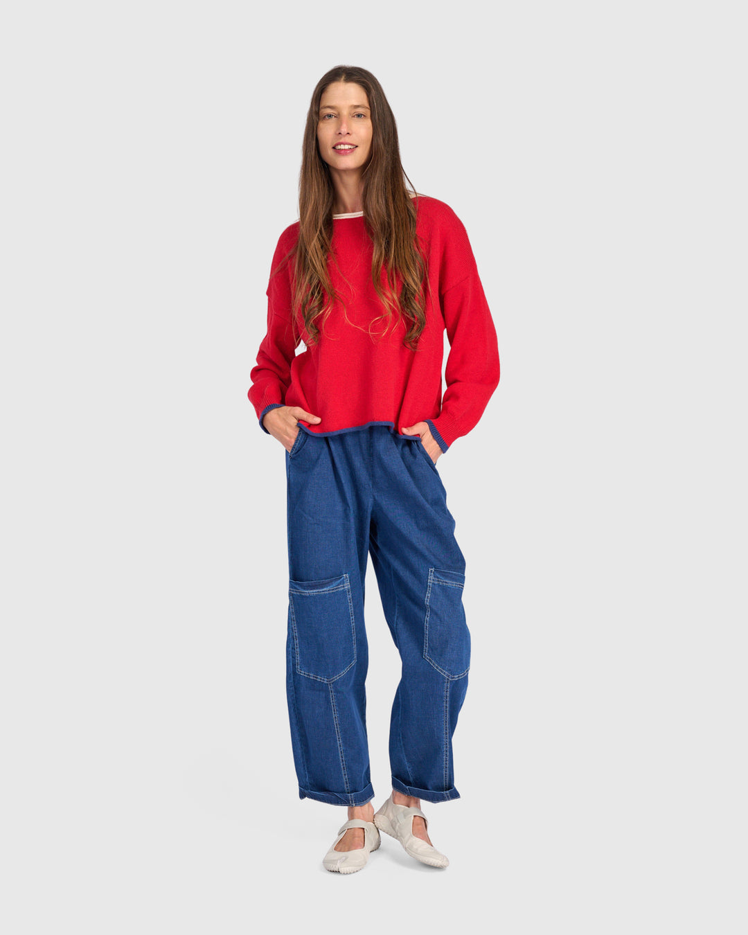 Solid Boat Neck Sweater Red