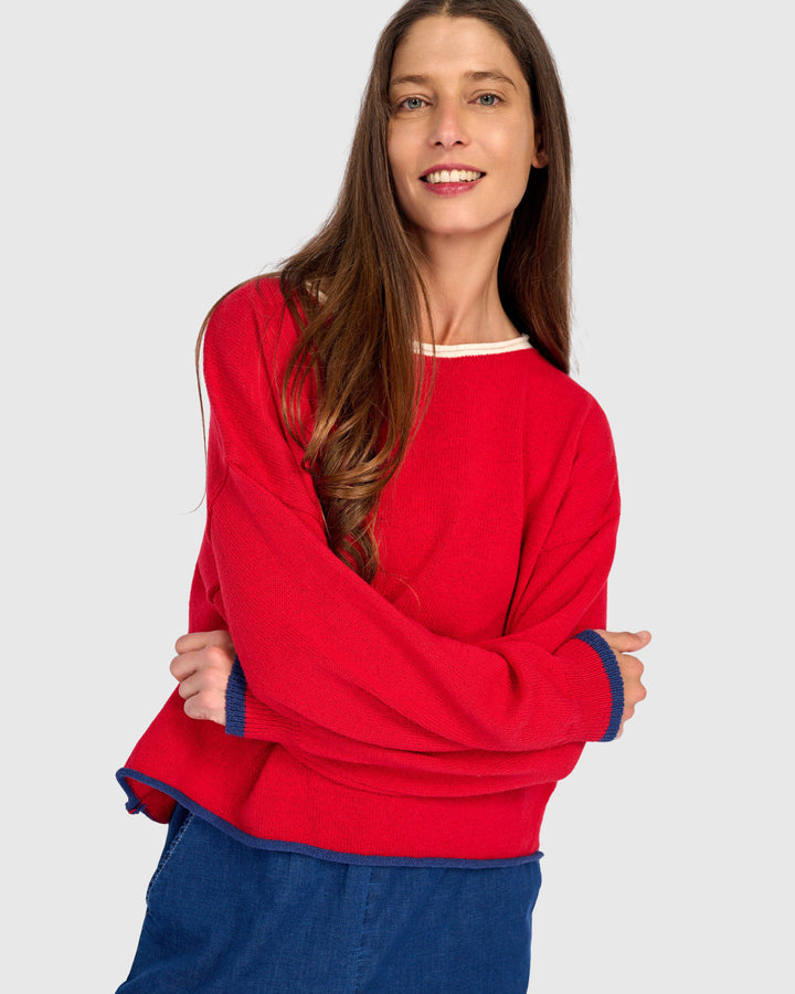 Solid Boat Neck Sweater Red