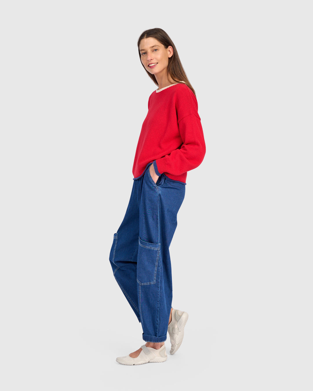 Solid Boat Neck Sweater Red