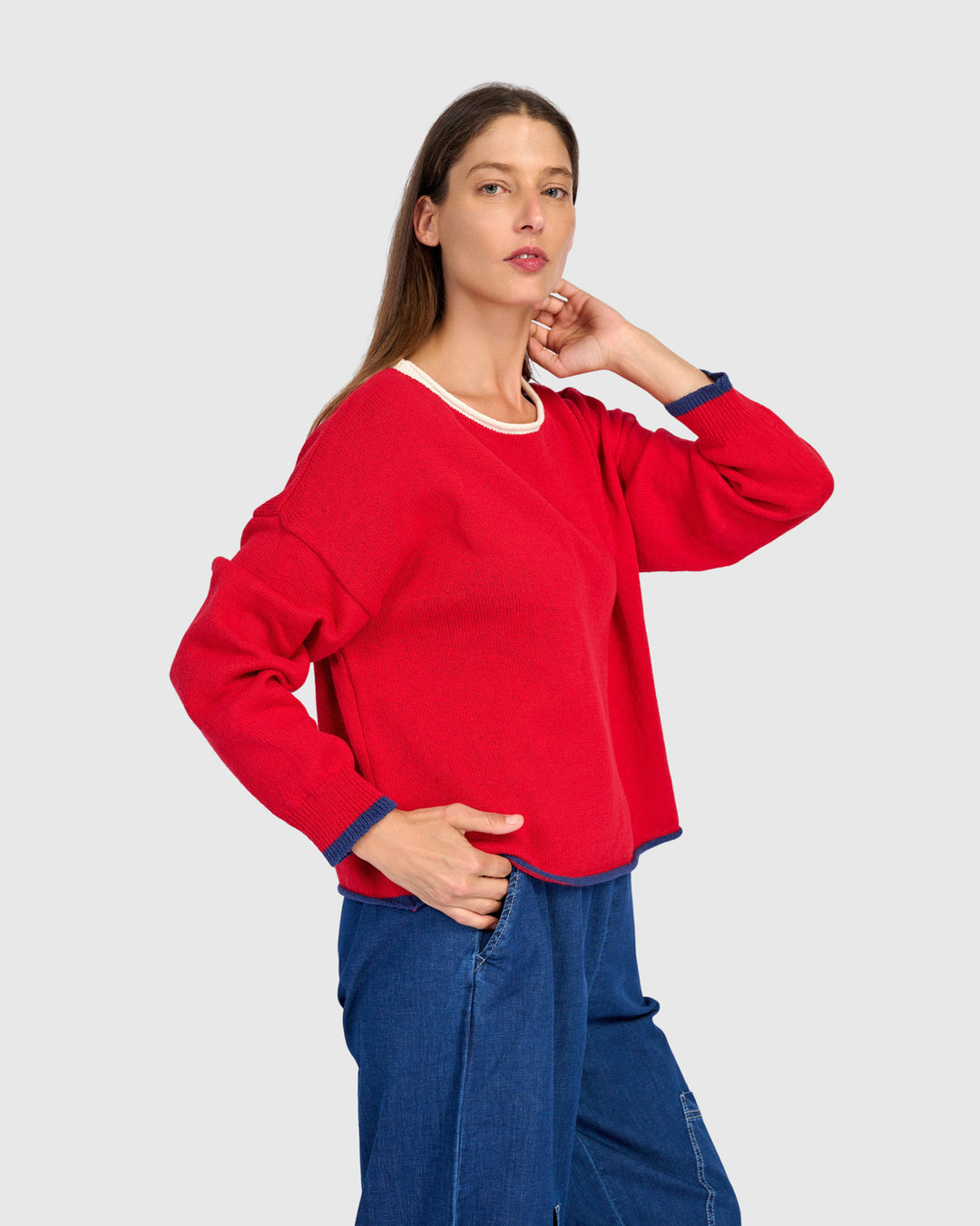 Solid Boat Neck Sweater Red
