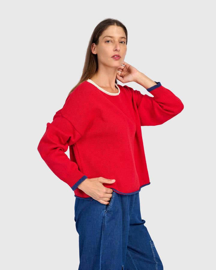 Solid Boat Neck Sweater Red