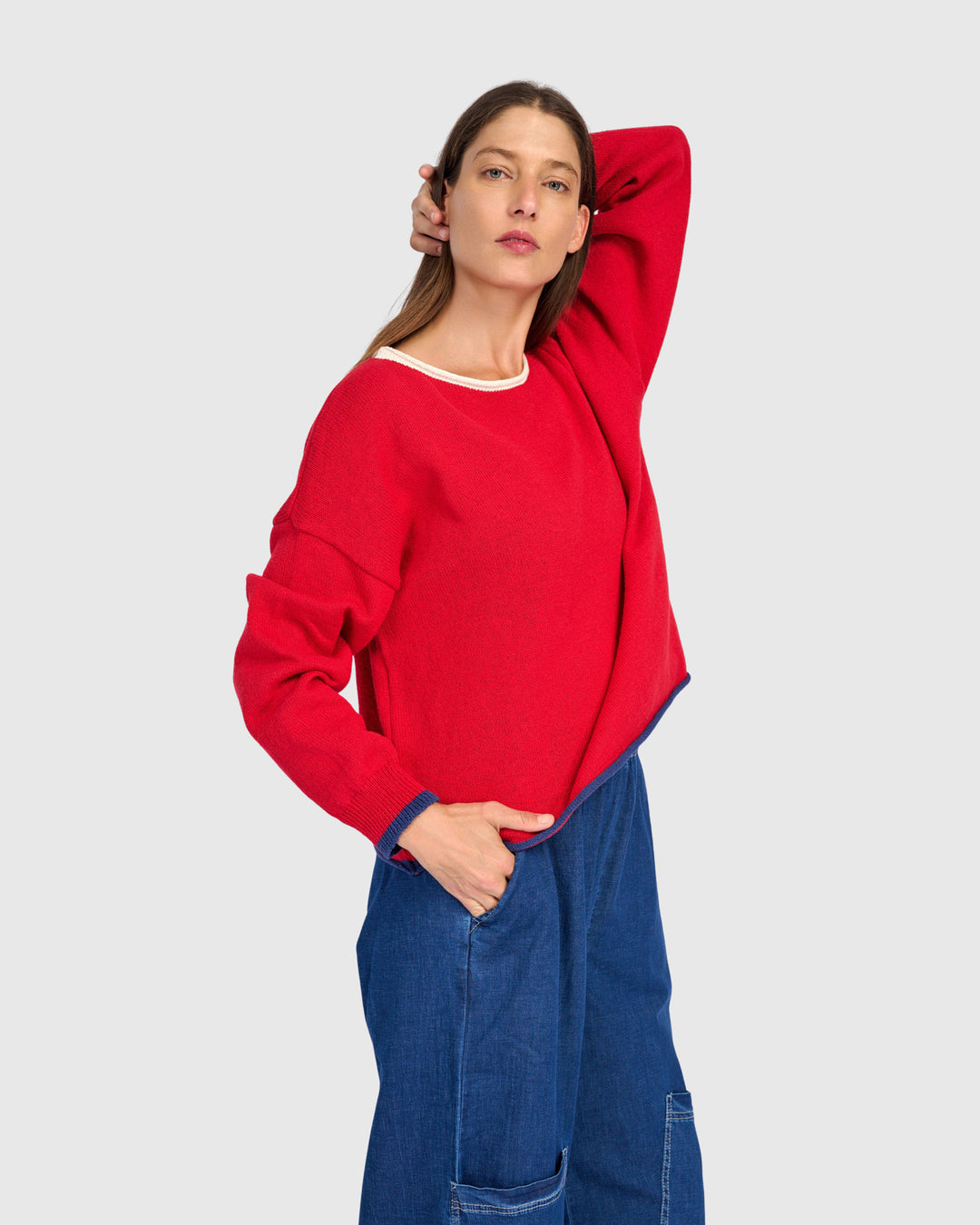 Solid Boat Neck Sweater Red