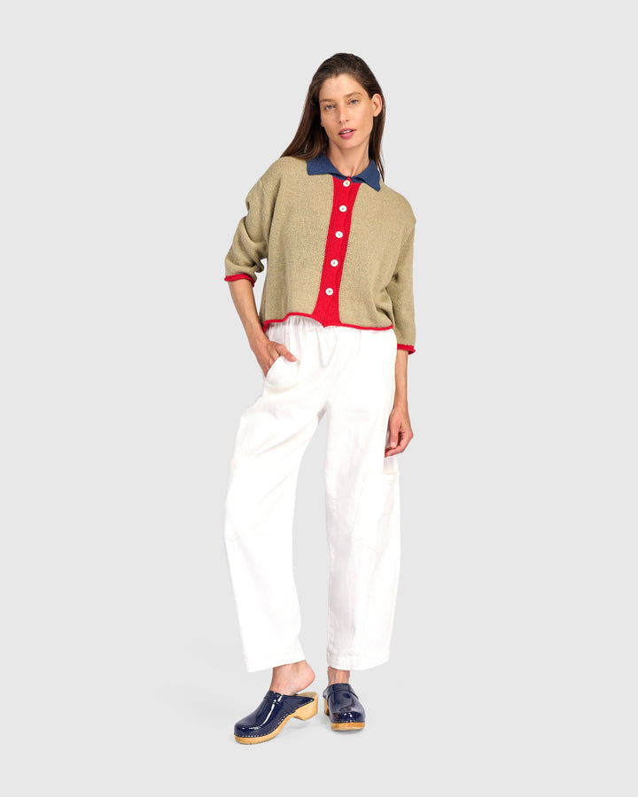Polo Trim Cardigan Stone
