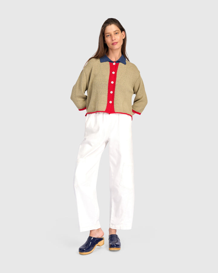 Polo Trim Cardigan Stone