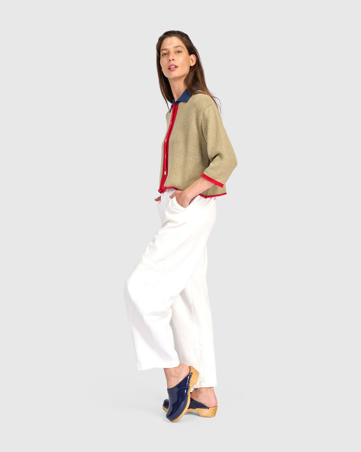 Polo Trim Cardigan Stone