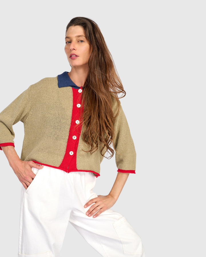 Polo Trim Cardigan Stone