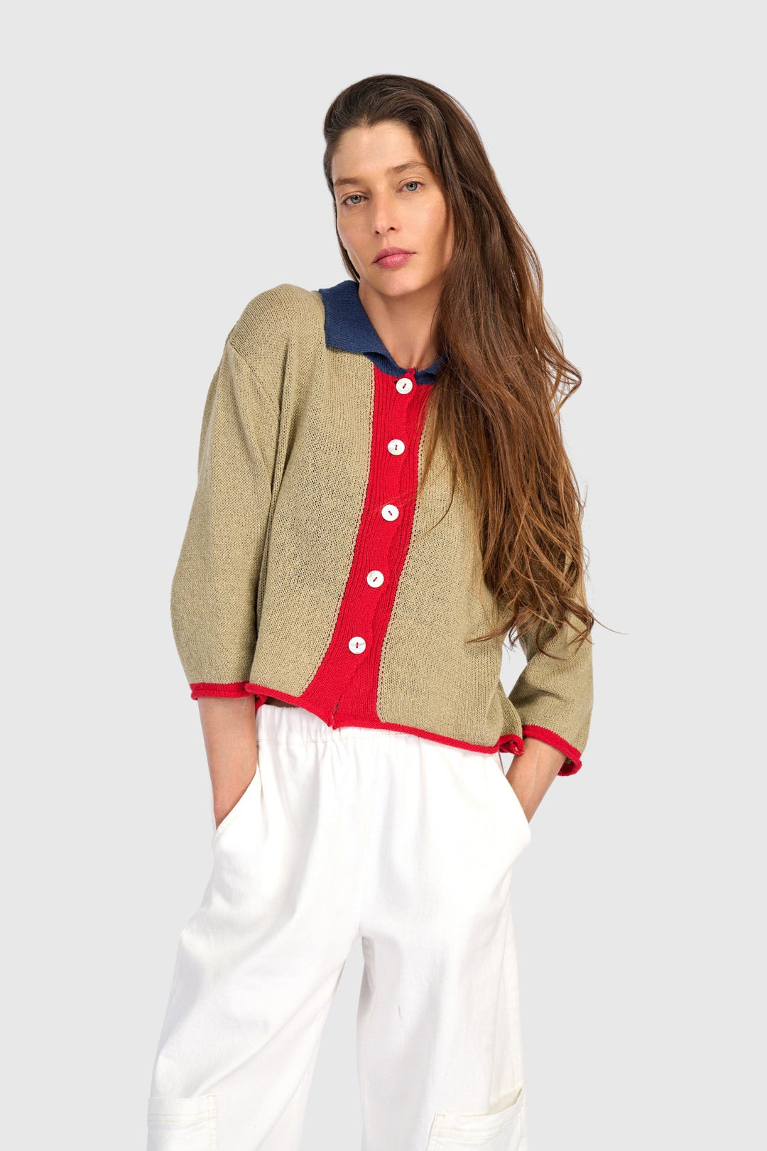 Polo Trim Cardigan Stone