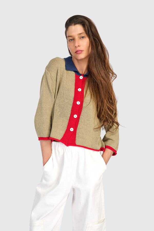 Polo Trim Cardigan Stone