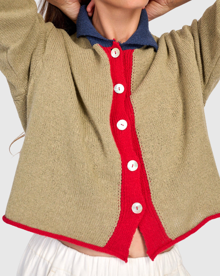 Polo Trim Cardigan Stone