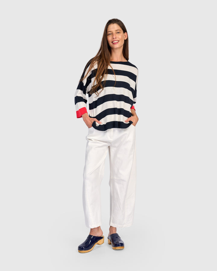 Stripe Contrast Trim Boatneck Sweater Red