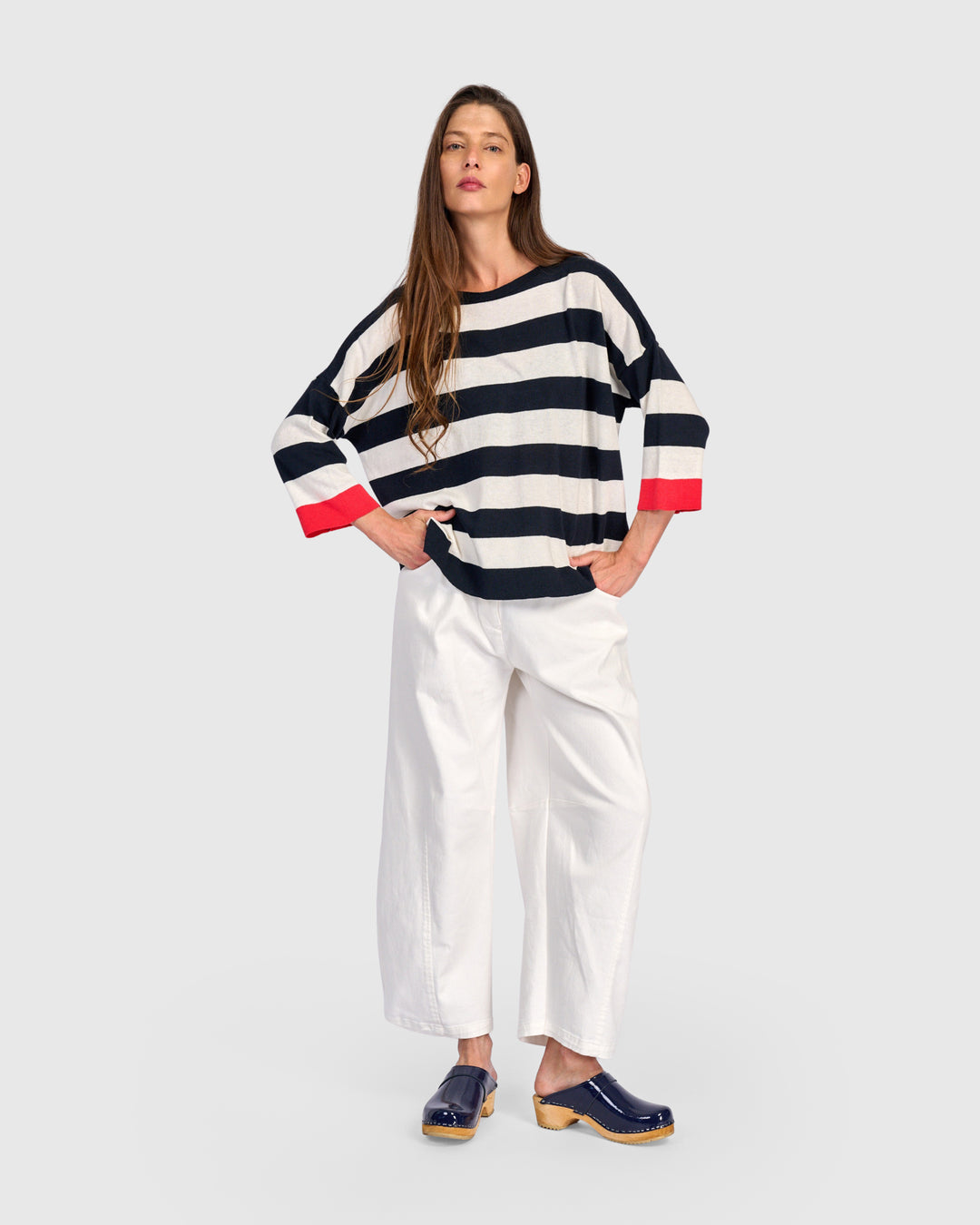 Stripe Contrast Trim Boatneck Sweater Red