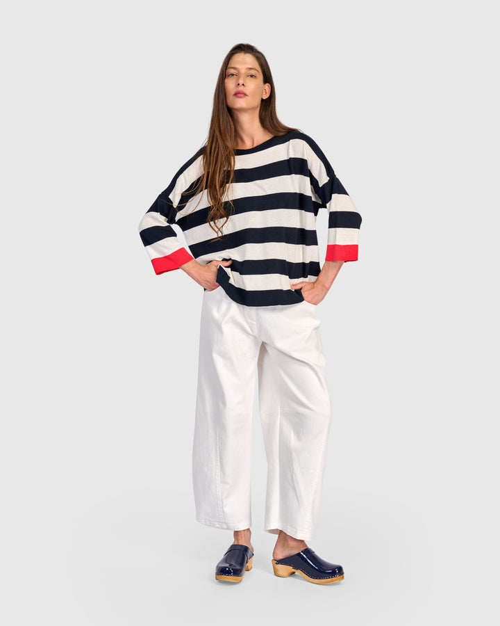 Stripe Contrast Trim Boatneck Sweater Red