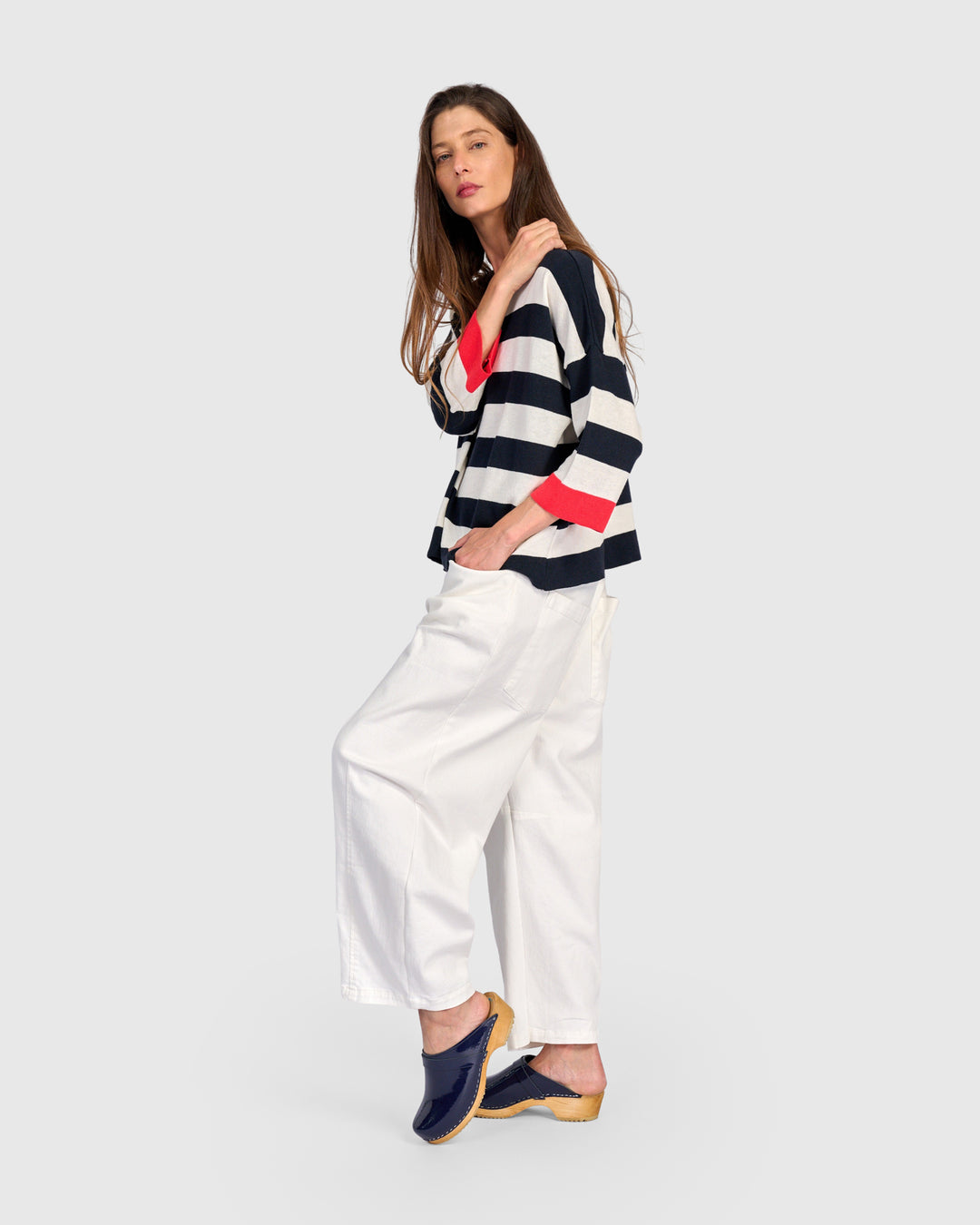 Stripe Contrast Trim Boatneck Sweater Red