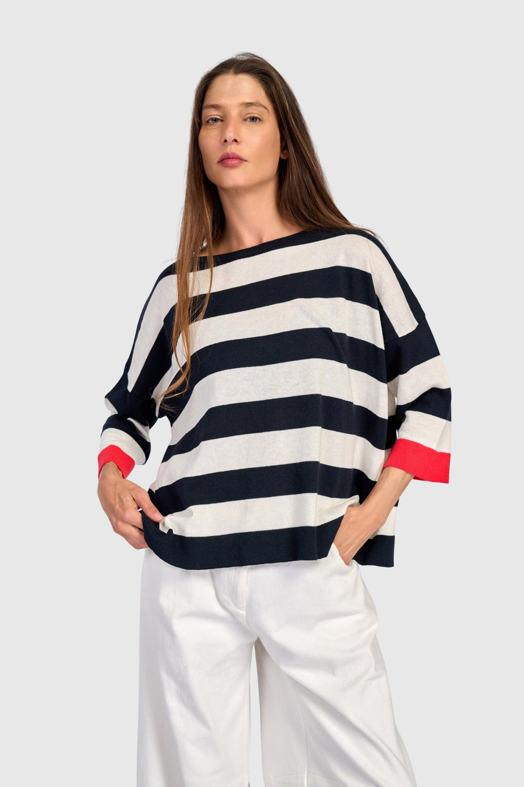 Stripe Contrast Trim Boatneck Sweater Red