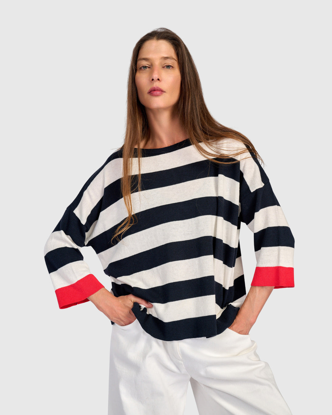 Stripe Contrast Trim Boatneck Sweater Red