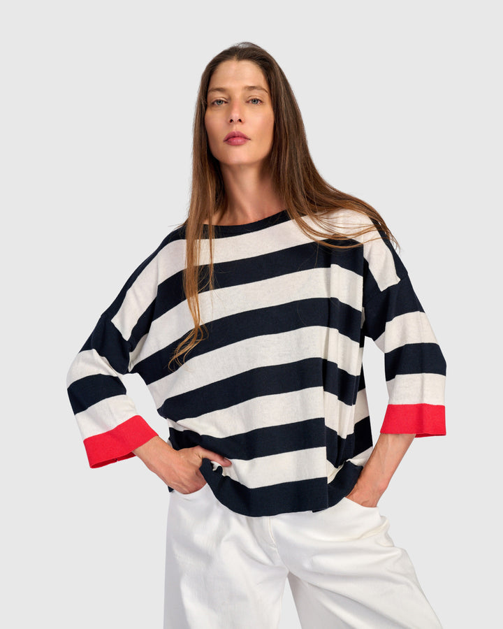 Stripe Contrast Trim Boatneck Sweater Red