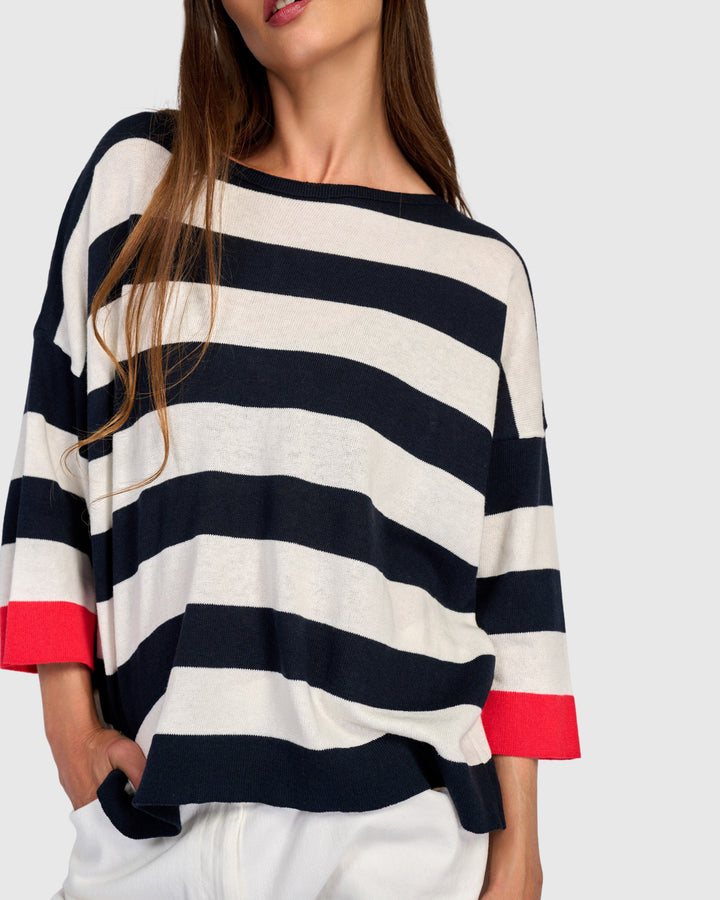 Stripe Contrast Trim Boatneck Sweater Red