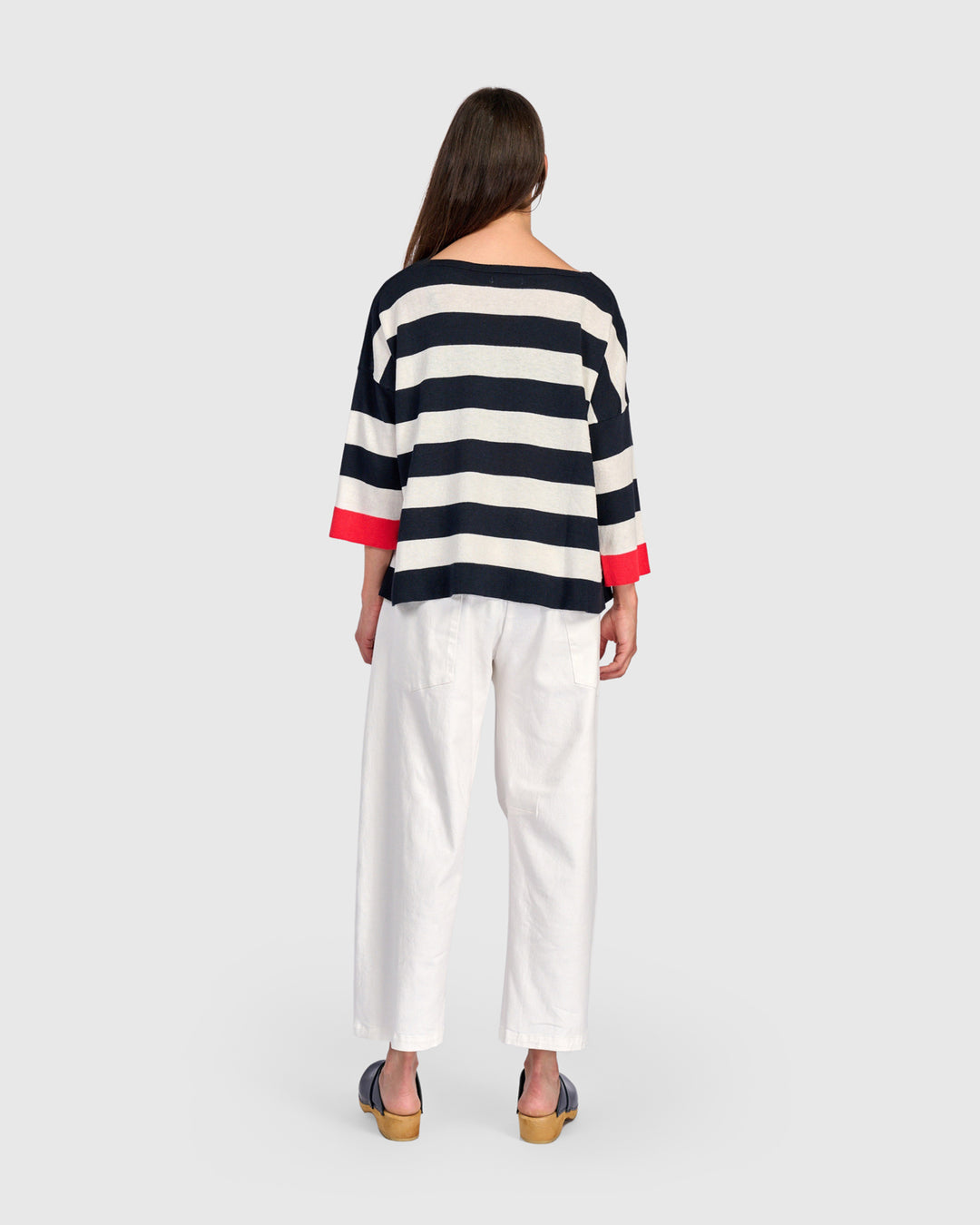 Stripe Contrast Trim Boatneck Sweater Red
