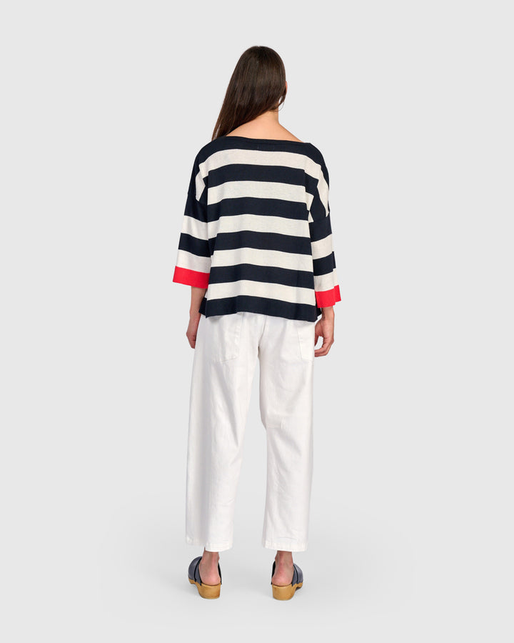 Stripe Contrast Trim Boatneck Sweater Red