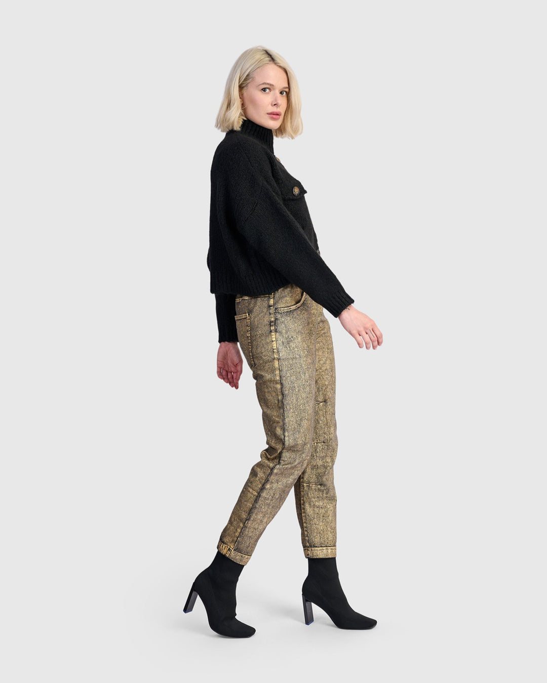 Metallic Boyfriend Jogger Jeans, Gold