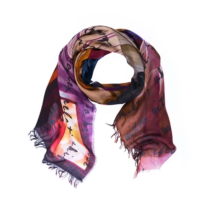 A lightweight scarf with a multicolor abstract print in shades of purple, pink, orange, and brown, featuring fringed edges, displayed on a solid white background.