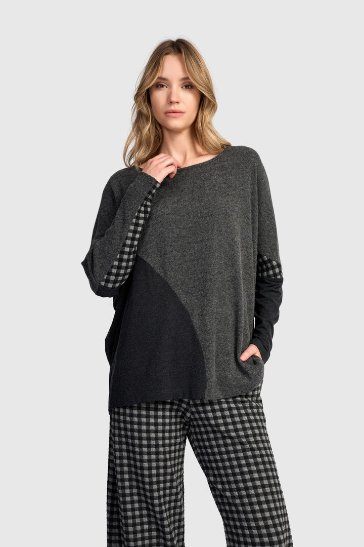 Geometric Dot  Colorblock Top Grey