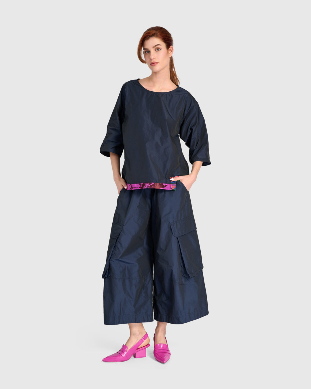 Taffeta Elbow Sleeve with Jacquard Hem Navy