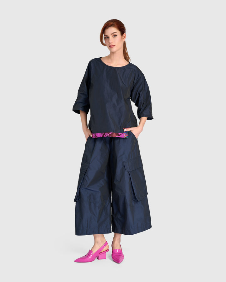 Taffeta Elbow Sleeve with Jacquard Hem Navy