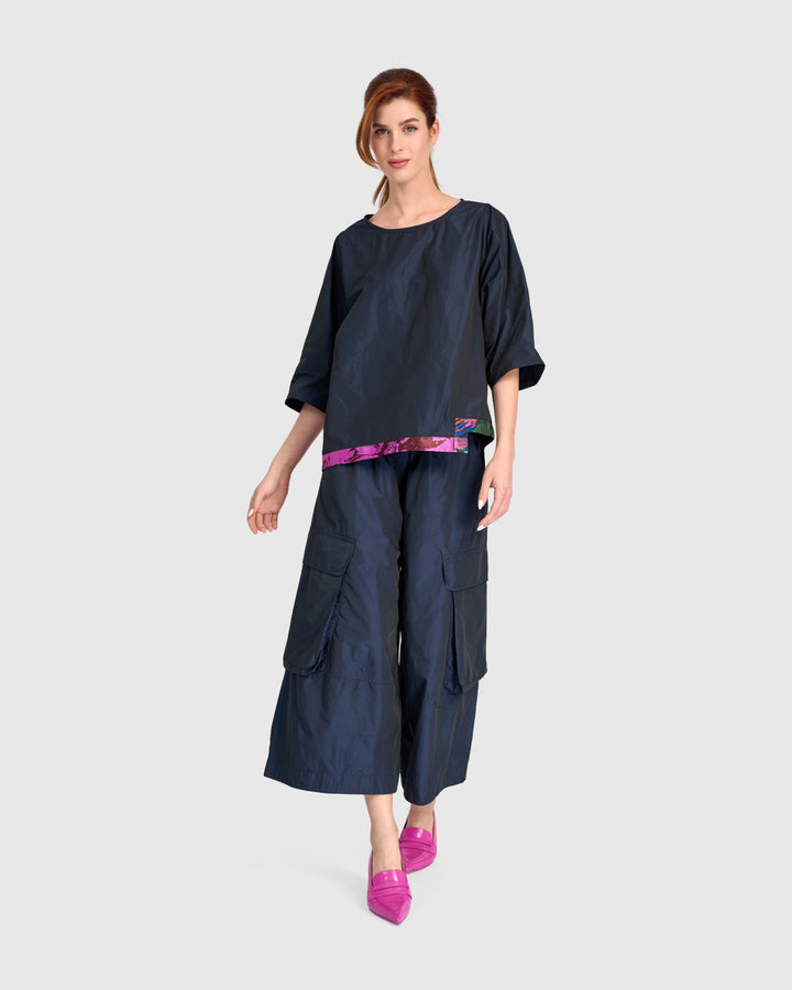 Taffeta Elbow Sleeve with Jacquard Hem Navy