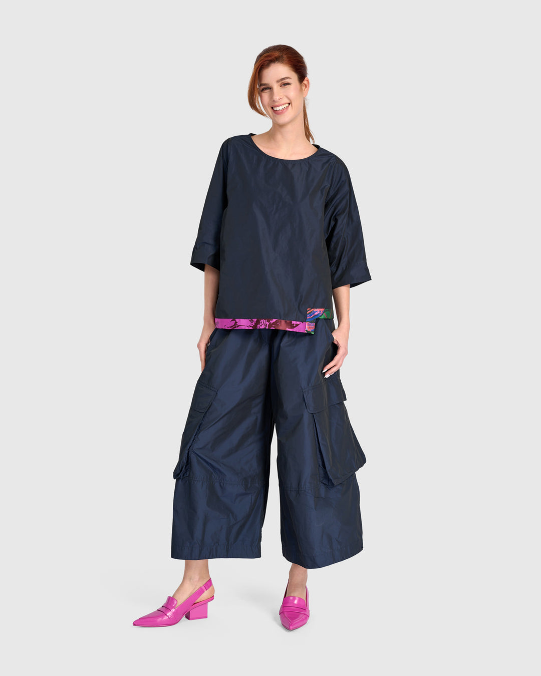 Taffeta Elbow Sleeve with Jacquard Hem Navy