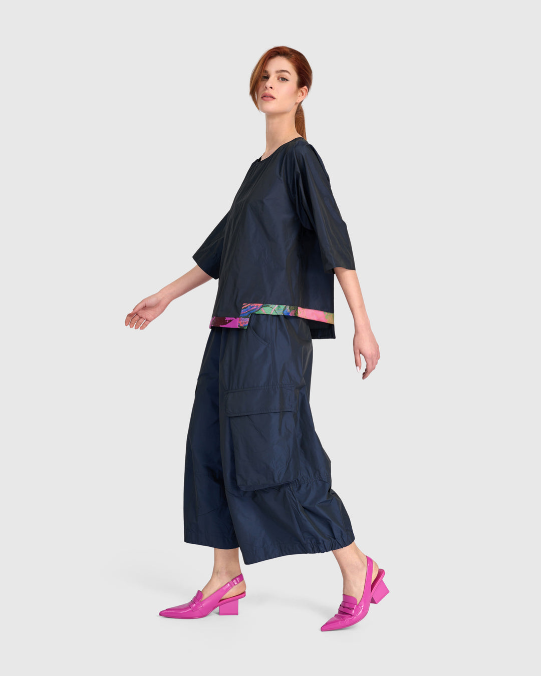 Taffeta Elbow Sleeve with Jacquard Hem Navy