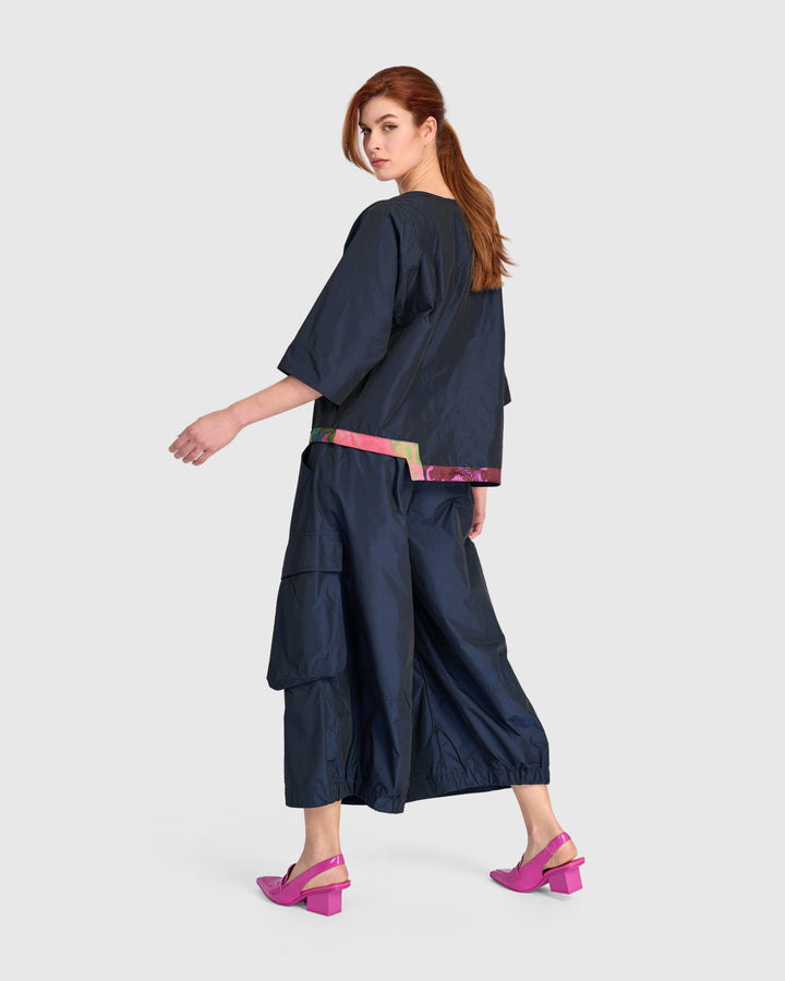 Taffeta Elbow Sleeve with Jacquard Hem Navy