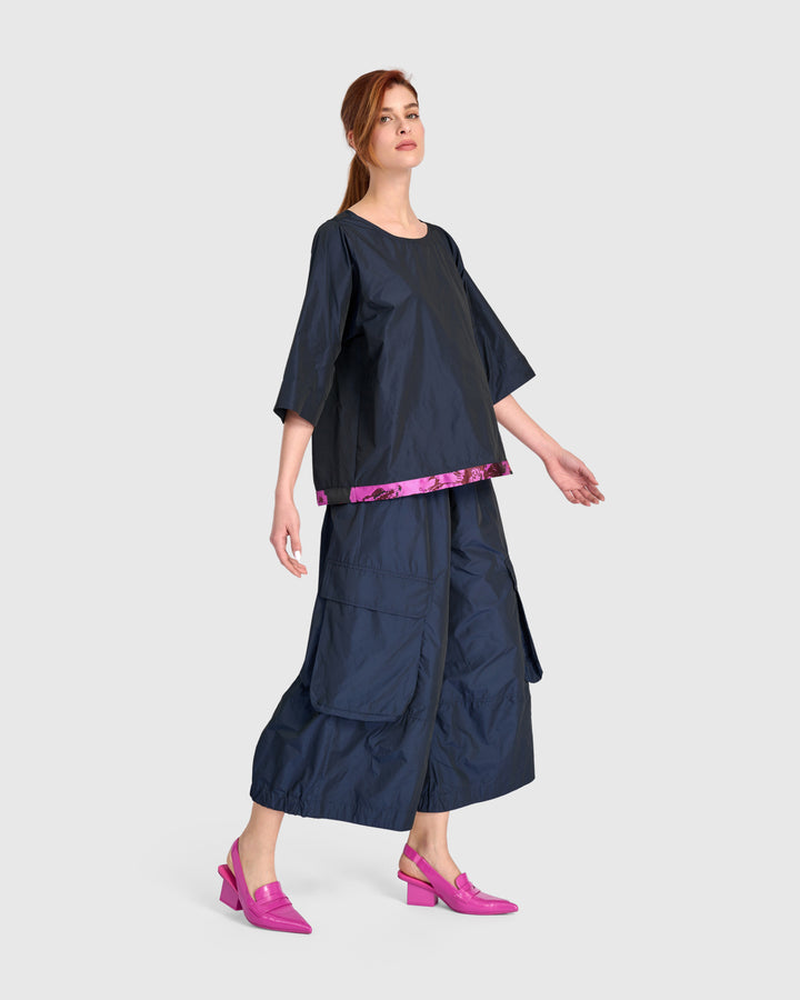 Taffeta Elbow Sleeve with Jacquard Hem Navy