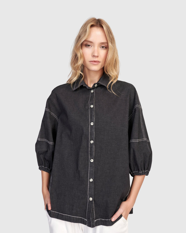 Pippa Puff Blouse Black Denim