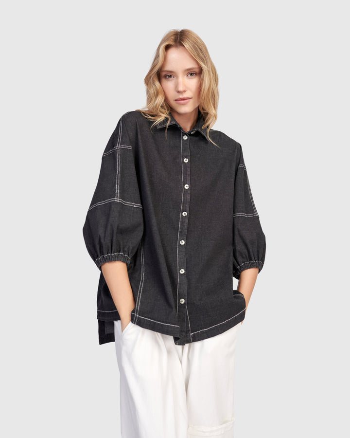Pippa Puff Blouse Black Denim