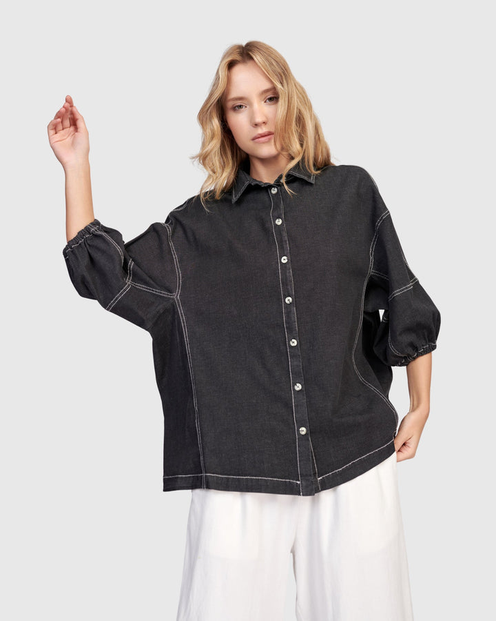 Pippa Puff Blouse Black Denim