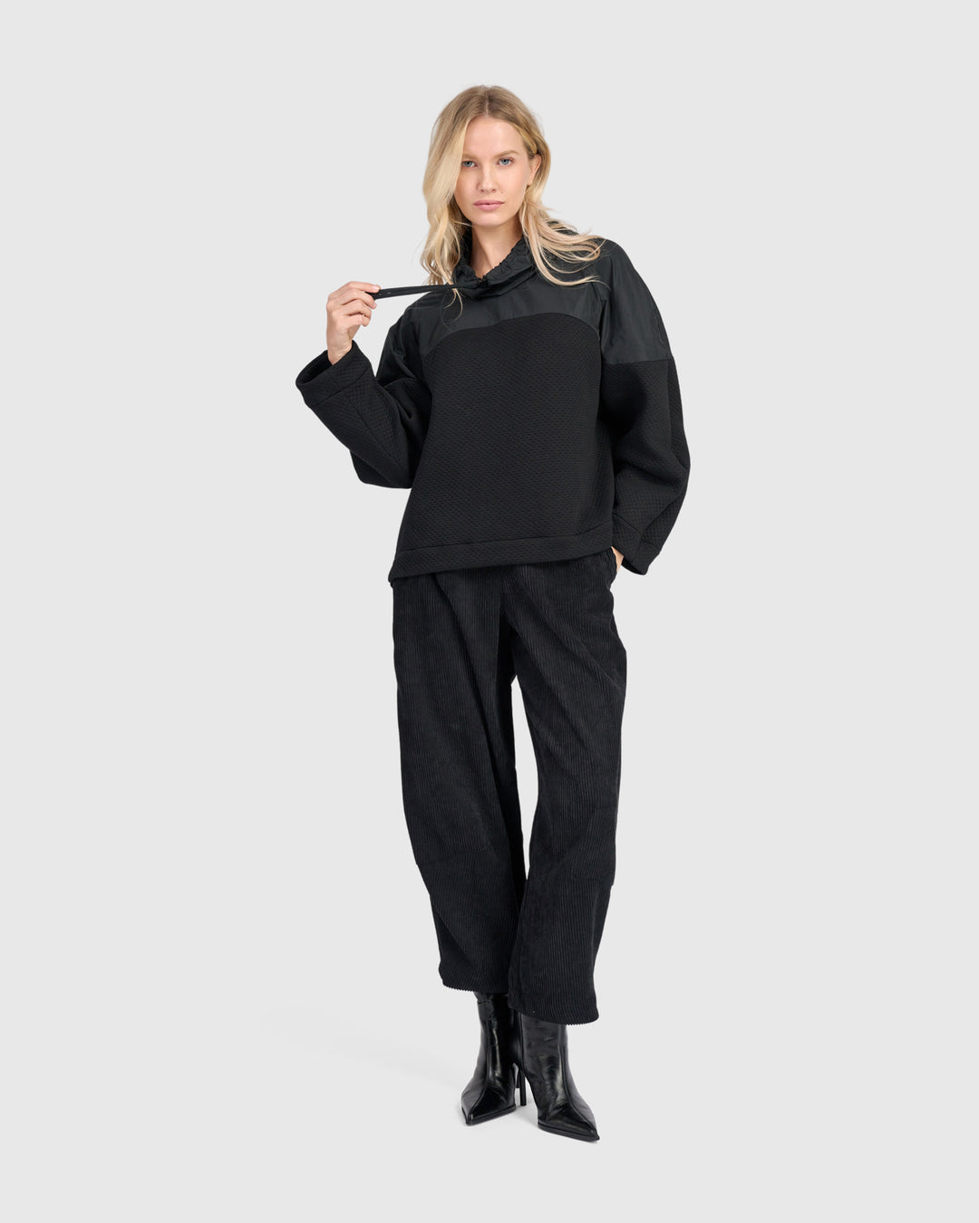 Mixed Media Tie Neck Top Black