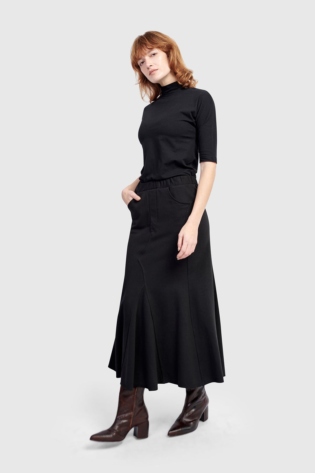 Terry Pieced Maxi Skirt, Black