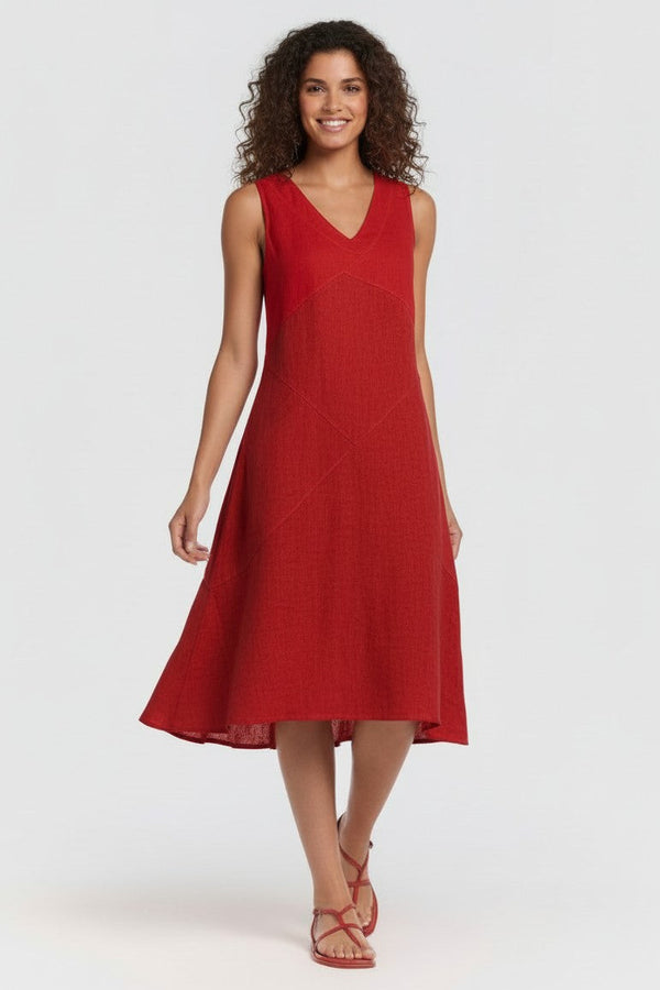 Seamed Linen Dress Red