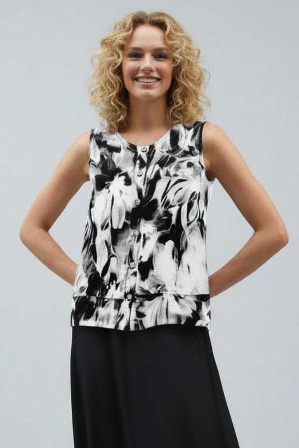 Sleeveless Linen Button Top Black Floral