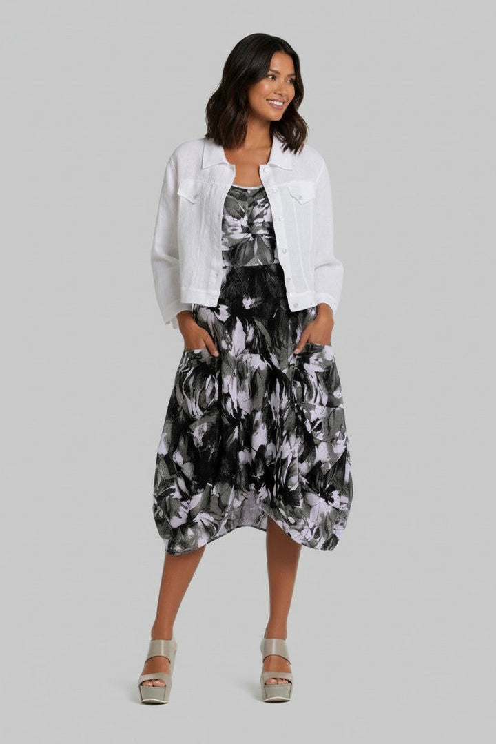 Drop Pocket Linen Dress Black Floral