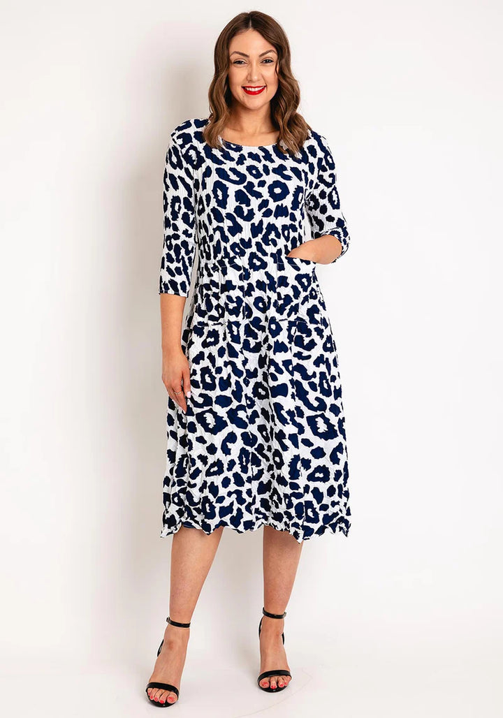 3/4 Sleeve Smash Pocket Dress Indigo Leopard
