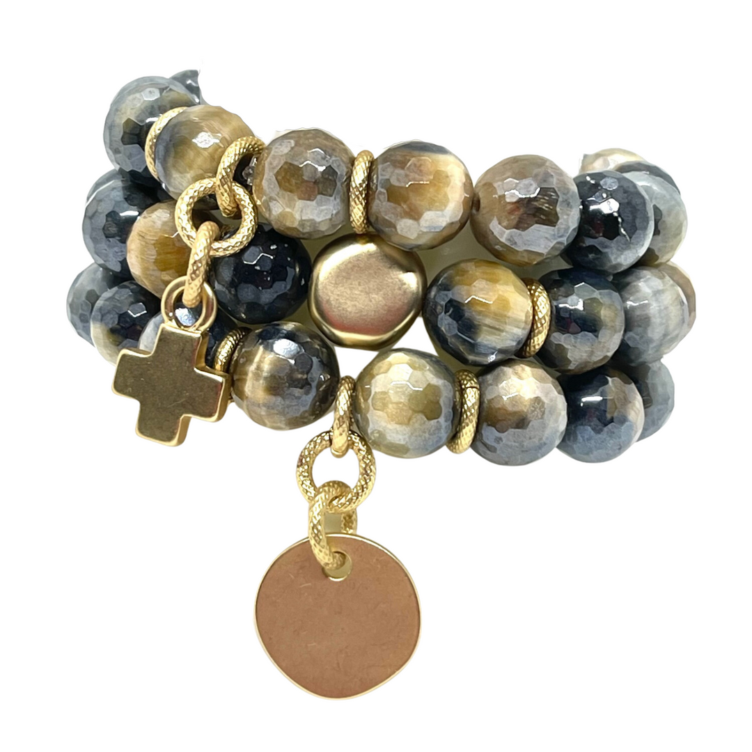 Blue Cream Tigers Eye Stretch Bracelet With Matte Gold Charm