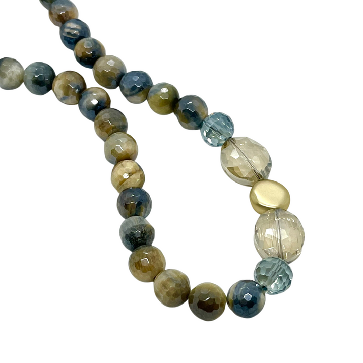 Blue Cream Tigers Eye With Champagne & Blue Crystal And Matte Gold Side Accents Necklace