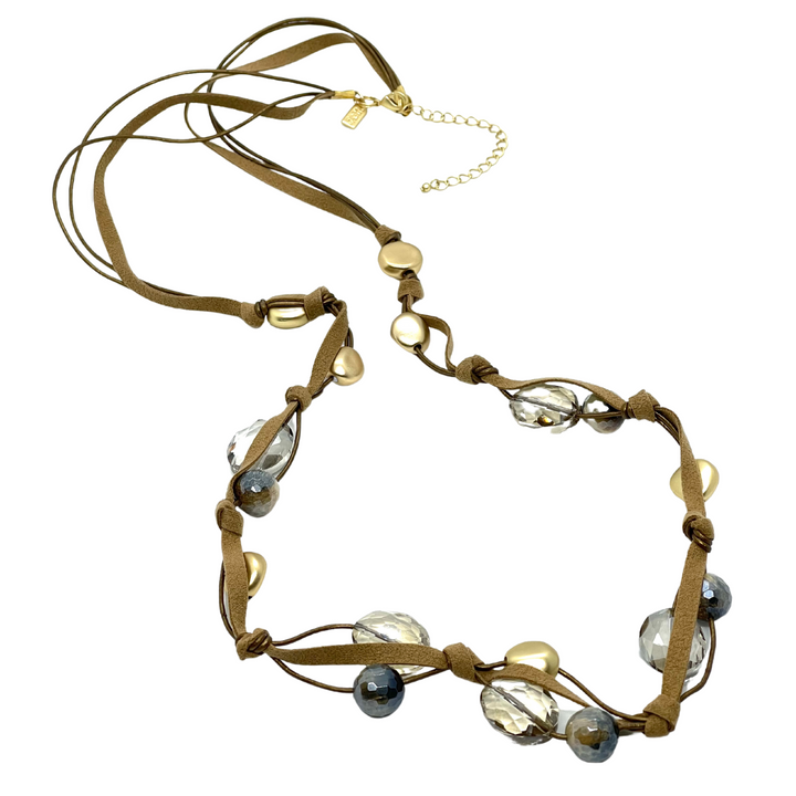 Blue Cream Tigers Eye and Champagne Crystal Long Necklace on Bronze Leather and Suede