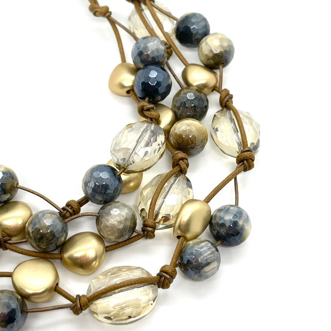 Blue Cream Tigers Eye And Champagne Crystal Torsade Necklace