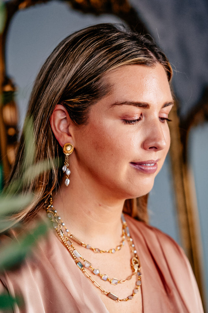 Gold Moonstone, Aquamarine and Pearl Long Necklace
